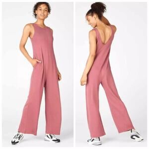 Fabletics XS Wide Leg Jumpsuit Sleeveless Lounge Romper Mauve Pink Pockets Cozy